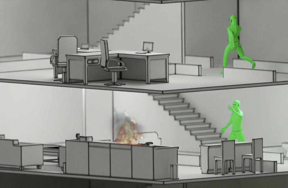 Part 1 of a CGI render story. A man is seen outside a kitchen calling for help from the floor above, a fire is brewing in the kitchen stove. A women is seen running in the second floor, she is coming to help him.
