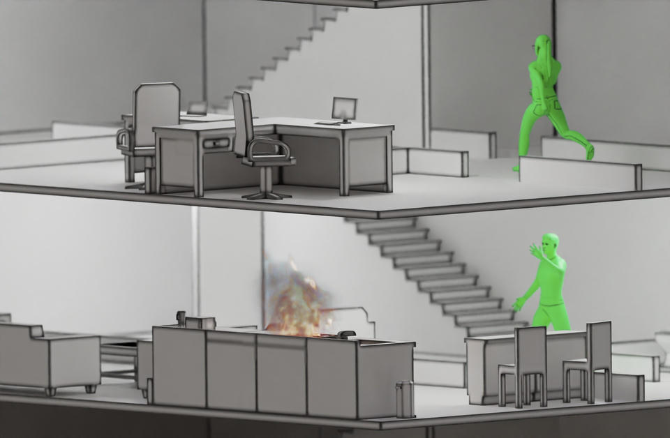 Part 1 of a CGI render story. A man is seen outside a kitchen calling for help from the floor above, a fire is brewing in the kitchen stove. A women is seen running in the second floor, she is coming to help him.